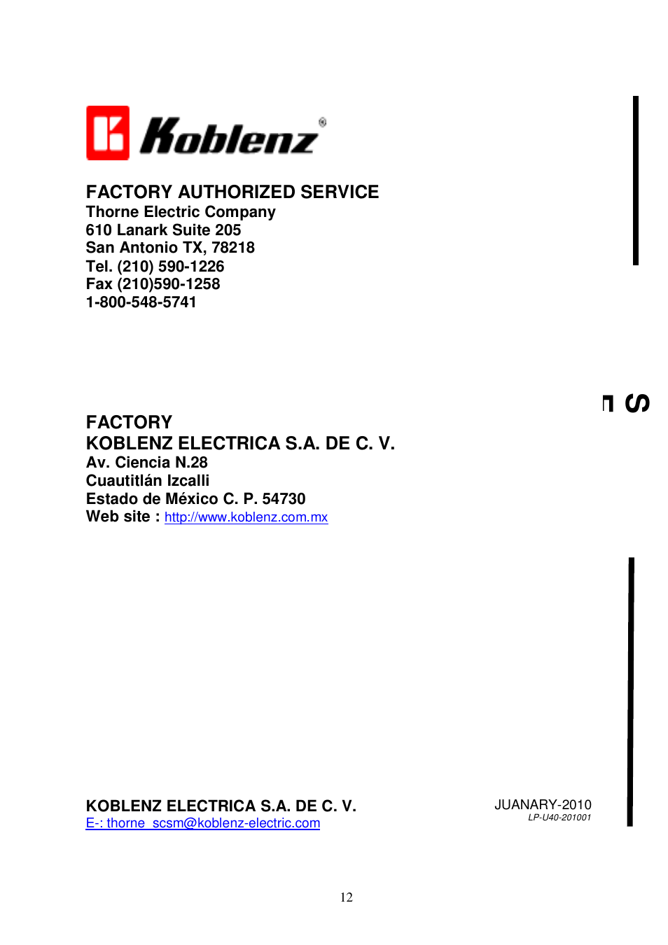 Koblenz/Thorne Electric U-40 User Manual | Page 12 / 12