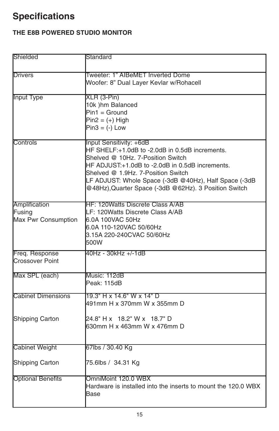 Specifications | KRK EXPOSE E8B User Manual | Page 15 / 16