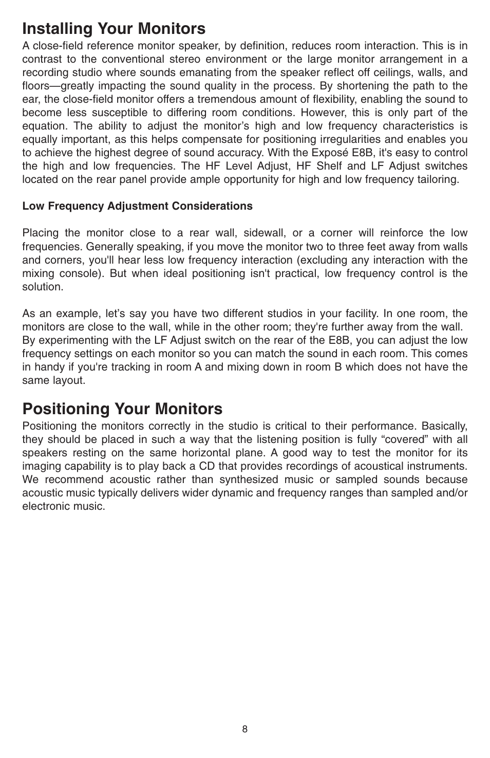 Installing your monitors, Positioning your monitors | KRK EXPOSE E8B User Manual | Page 8 / 16