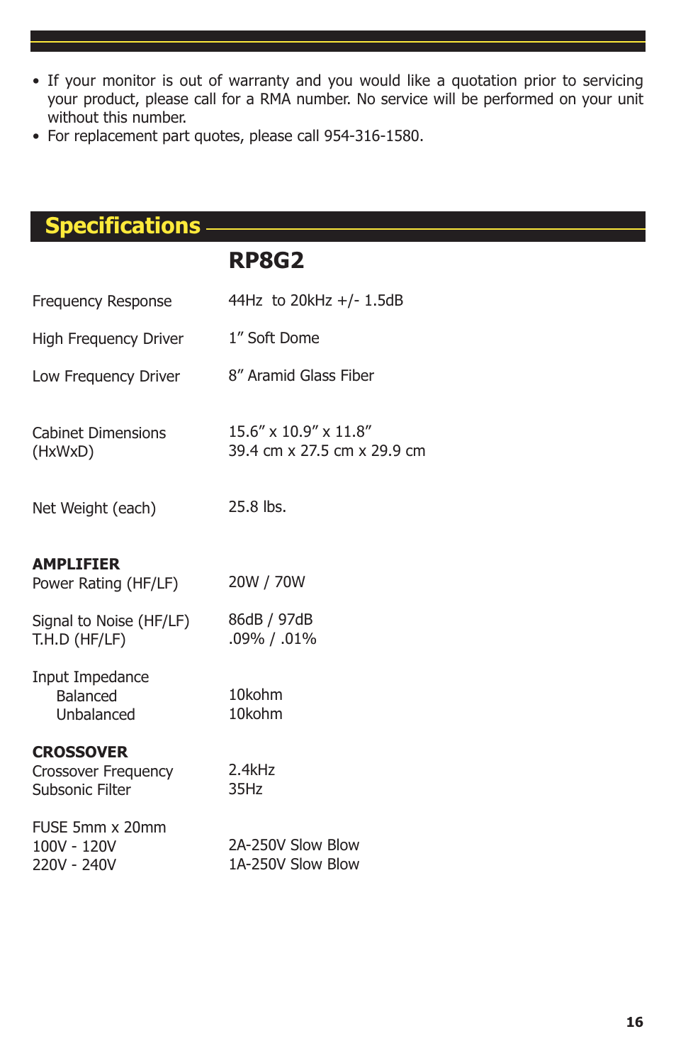 Rp8g2, Specifications | KRK ROKIT G2 User Manual | Page 17 / 20