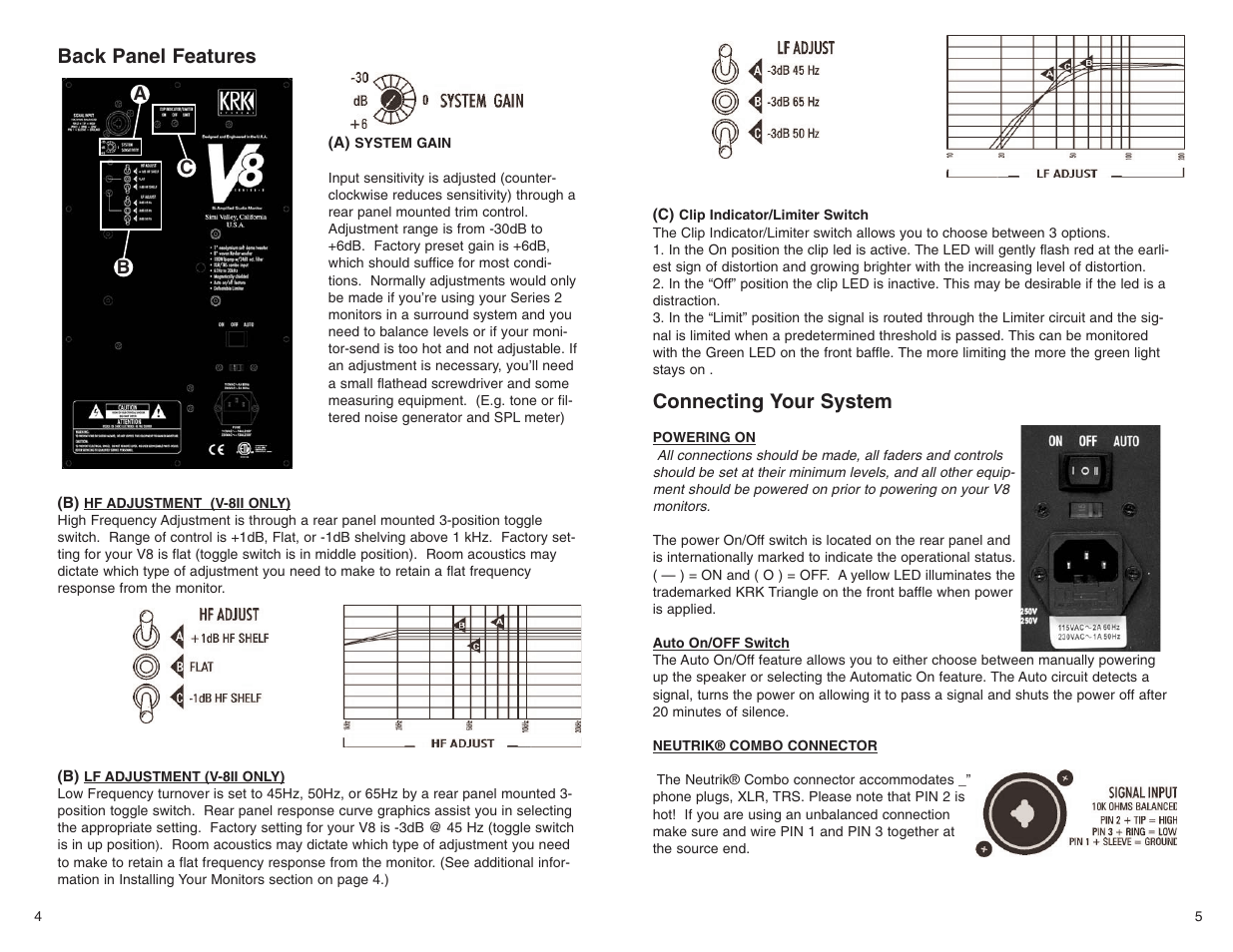 Back panel features, Connecting your system | KRK V SERIES 2 User Manual | Page 4 / 8