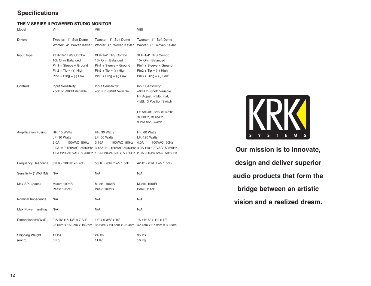 Specifications | KRK V SERIES 2 User Manual | Page 8 / 8