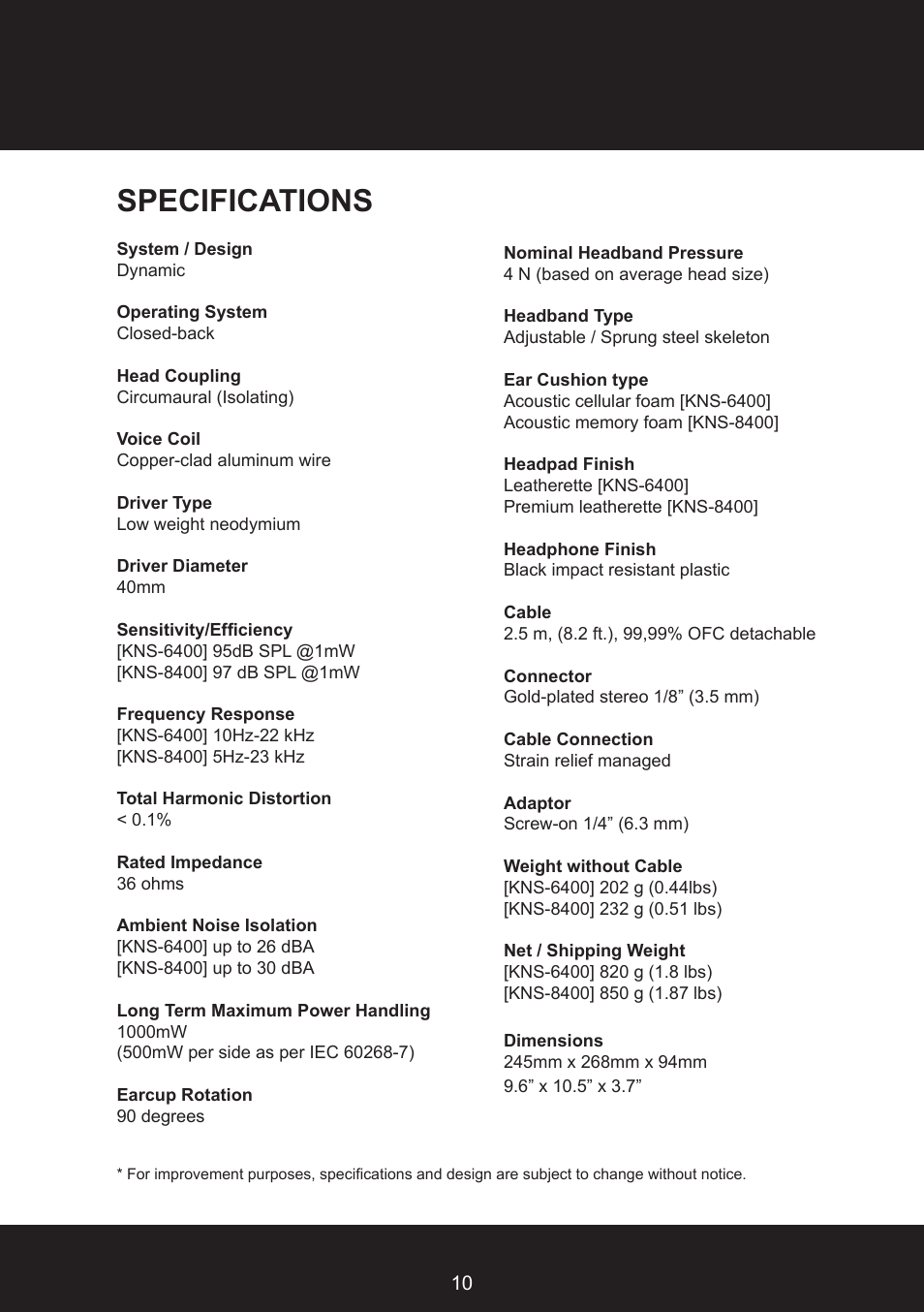 Specifications | KRK KNS8400 User Manual | Page 10 / 20