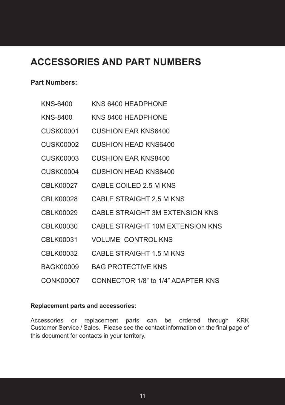 Accessories and part numbers | KRK KNS8400 User Manual | Page 11 / 20