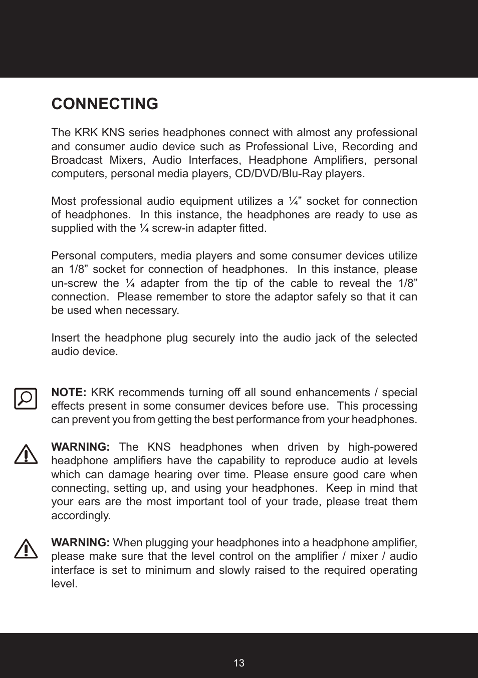 Connecting | KRK KNS8400 User Manual | Page 13 / 20