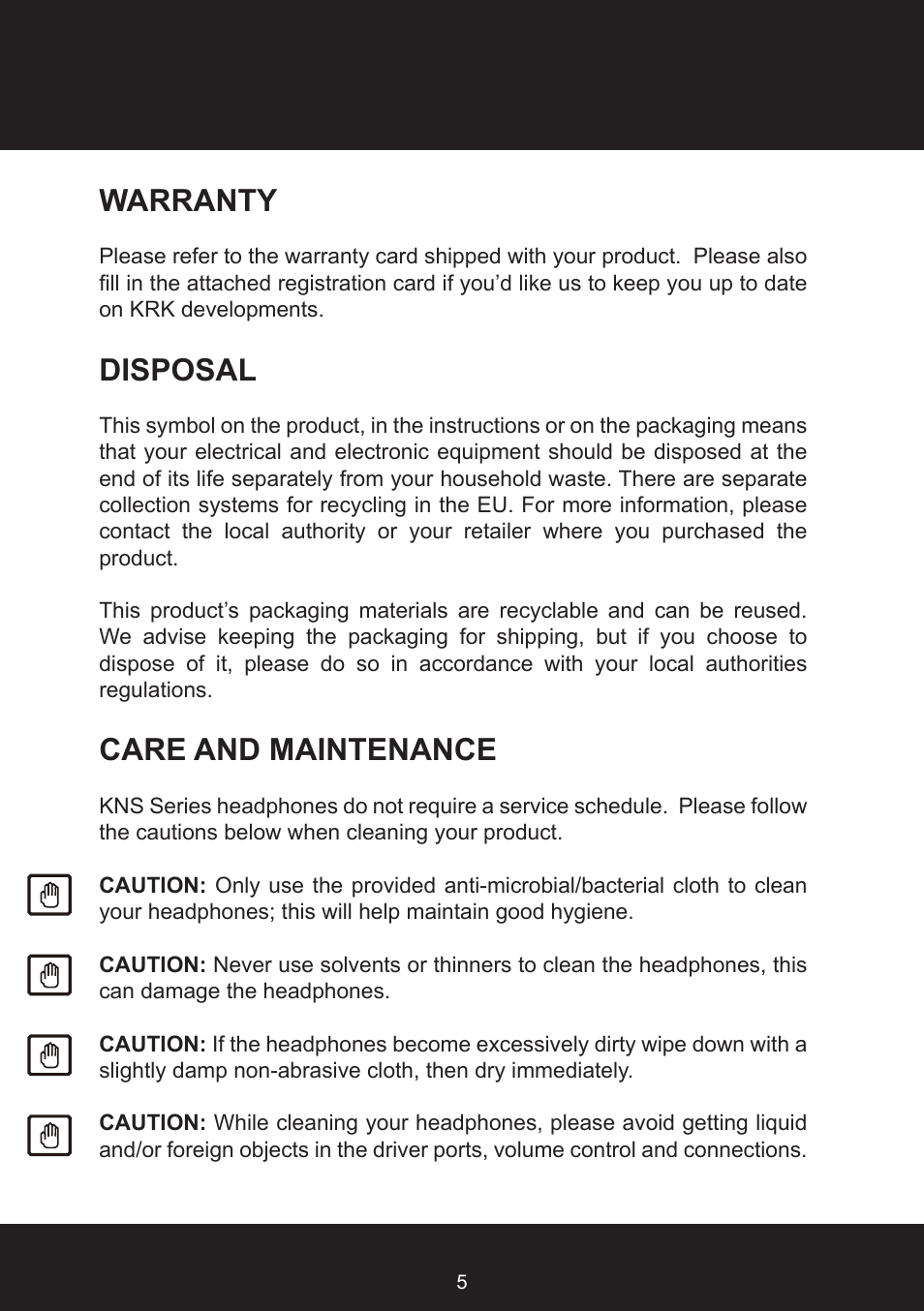 Warranty, Disposal, Care and maintenance | KRK KNS8400 User Manual | Page 5 / 20