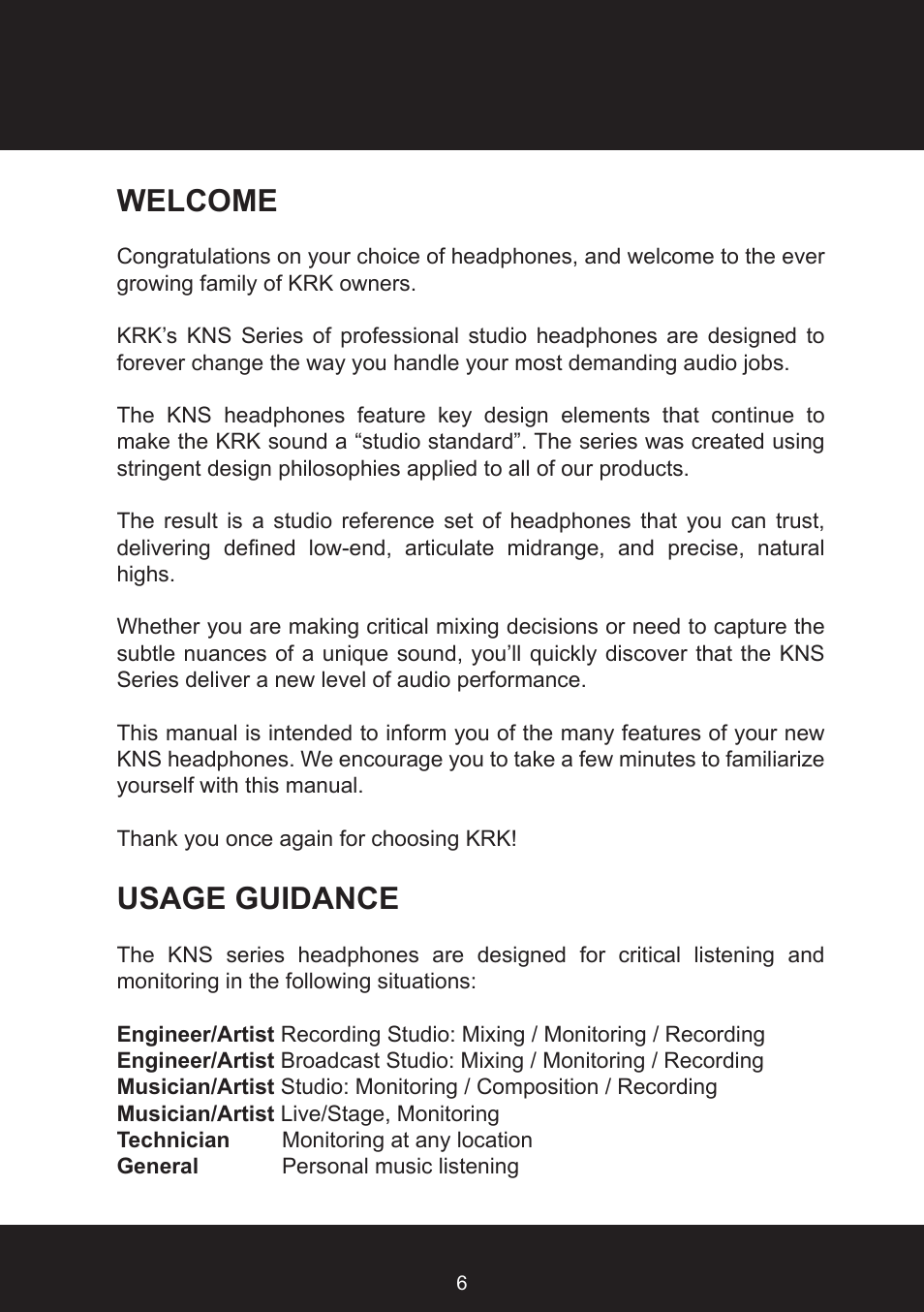 Welcome, Usage guidance | KRK KNS8400 User Manual | Page 6 / 20