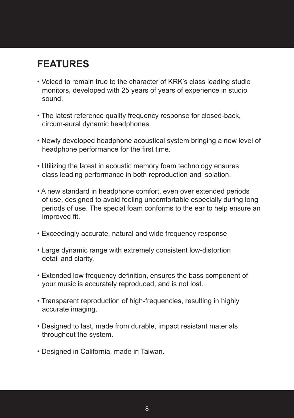 Features | KRK KNS8400 User Manual | Page 8 / 20