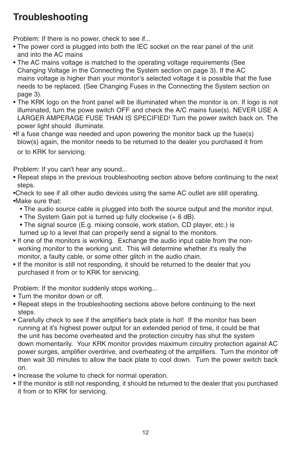Troubleshooting | KRK VXT Series User Manual | Page 12 / 16