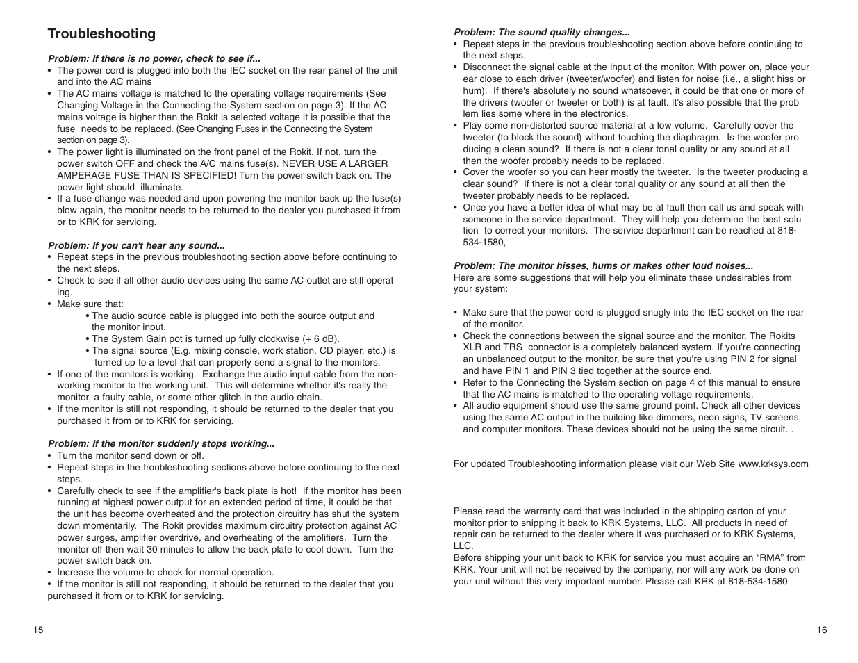 Troubleshooting | KRK ROKIT POWERED SERIES User Manual | Page 10 / 11