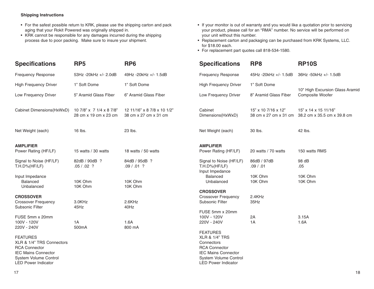 Specifications, Rp10s | KRK ROKIT POWERED SERIES User Manual | Page 11 / 11