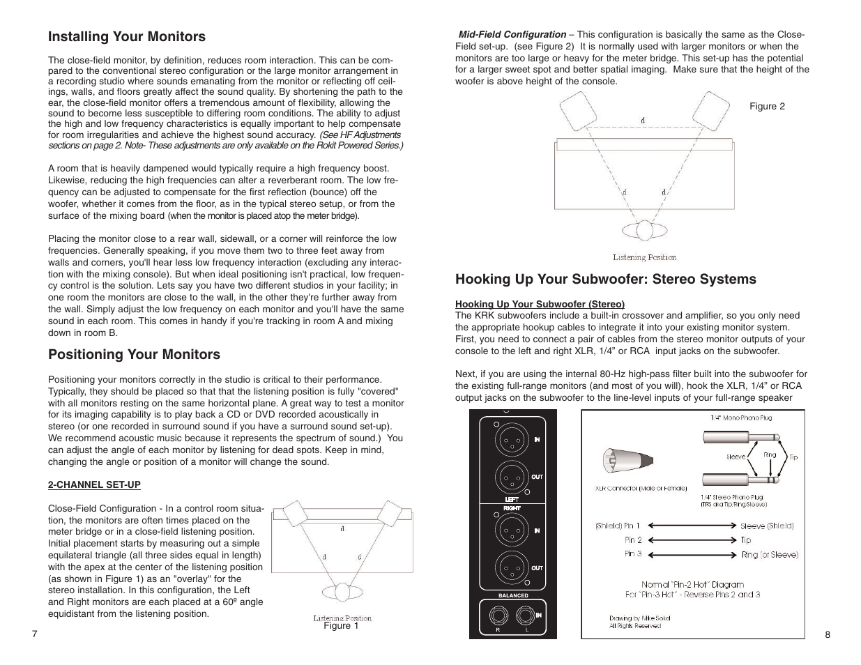 Installing your monitors, Positioning your monitors, Hooking up your subwoofer: stereo systems | KRK ROKIT POWERED SERIES User Manual | Page 6 / 11