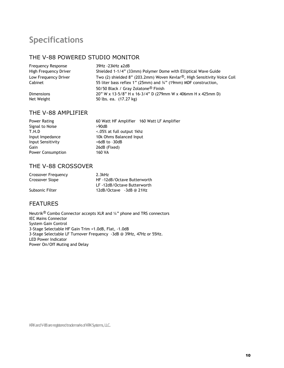 Specifications | KRK V-88 User Manual | Page 11 / 15