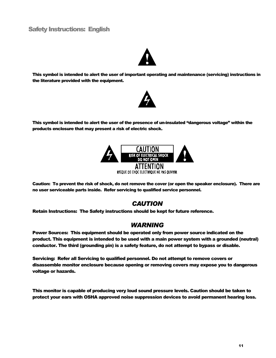 Safety instructions: english, Caution, Warning | KRK V-88 User Manual | Page 12 / 15