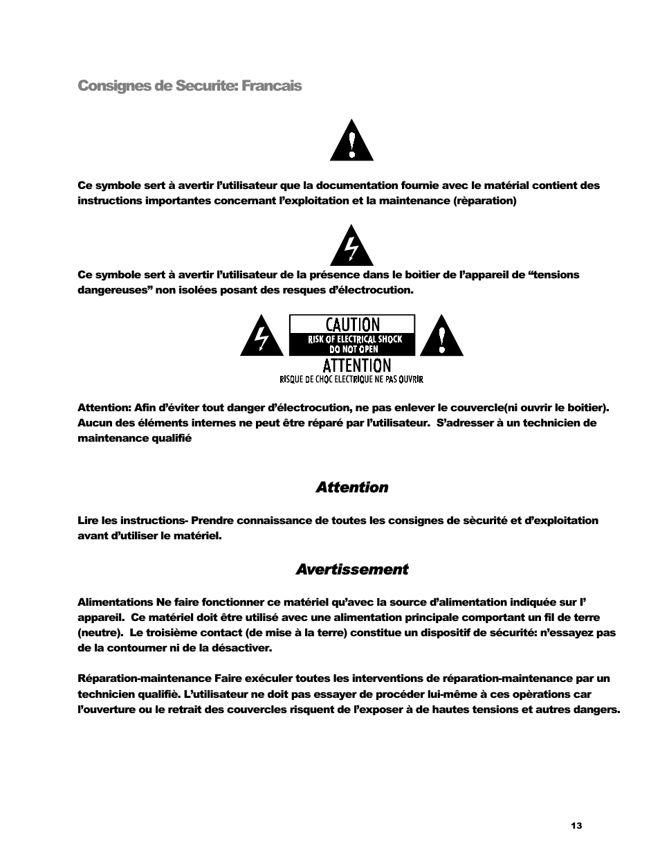 Consignes de securite: francais, Attention, Avertissement | KRK V-88 User Manual | Page 14 / 15