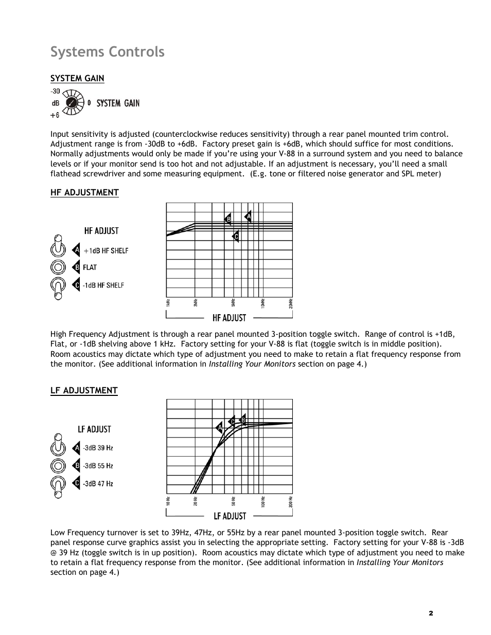 Systems controls | KRK V-88 User Manual | Page 3 / 15