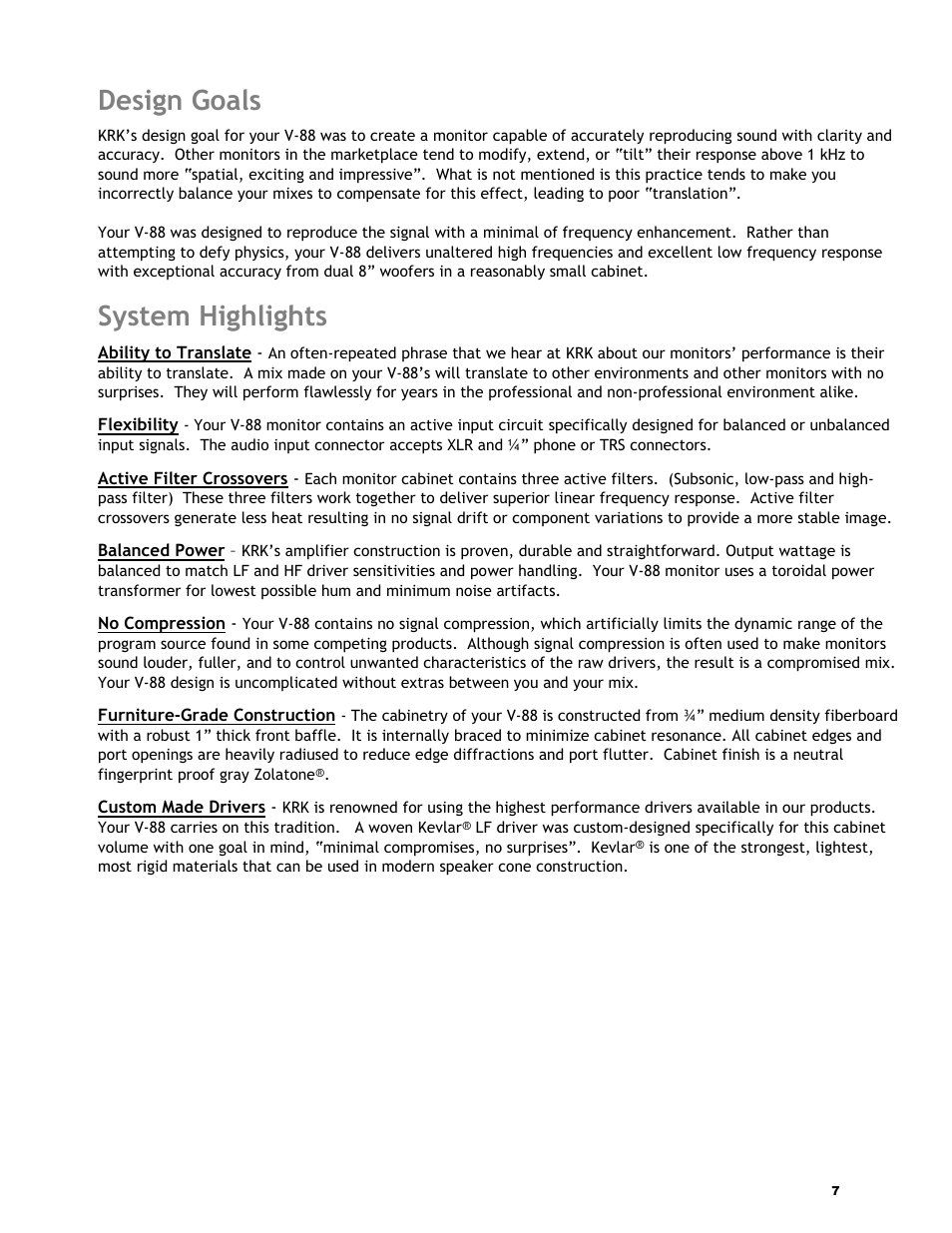 Design goals, System highlights | KRK V-88 User Manual | Page 8 / 15