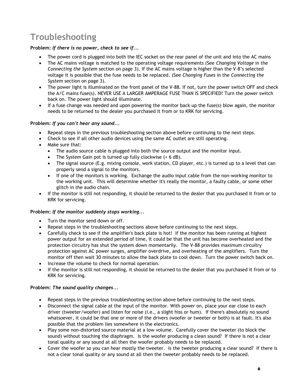 Troubleshooting | KRK V-88 User Manual | Page 9 / 15