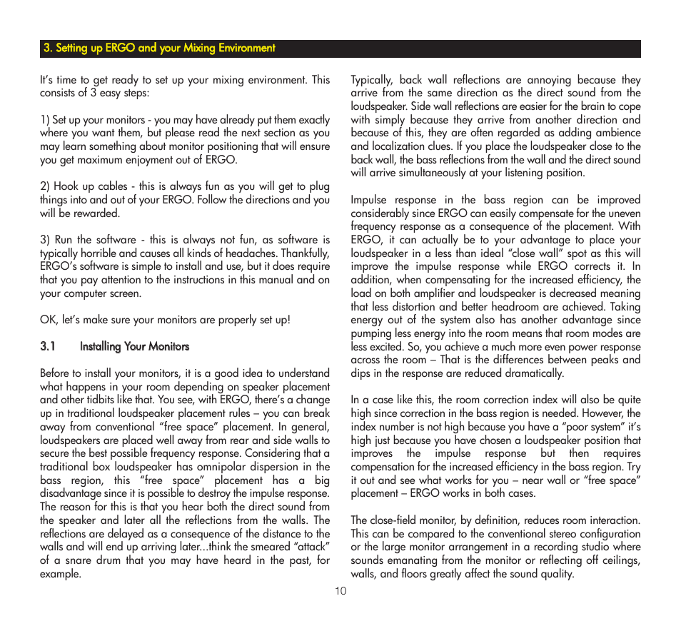 Setting up ergo and your mixing environment, 1 installing your monitors, Sseettttiinngg uupp eerrg | O aanndd yyoouurr m, Miixxiinngg eennvviirroonnm, Meenntt | KRK ERGO User Manual | Page 10 / 37