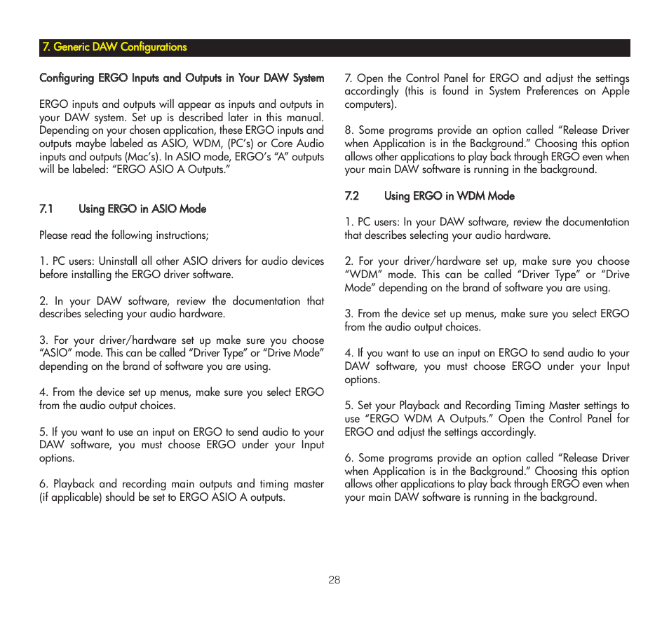 Generic daw configurations, 1 using ergo in asio mode, 2 using ergo in wdm mode | Geenneerriicc ddaaw, W ccoonnffiigguurraattiioonnss | KRK ERGO User Manual | Page 28 / 37