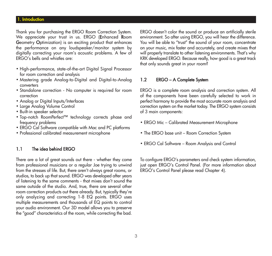 Introduction, 1 the idea behind ergo, 2 ergo - a complete system | Iinnttrroodduuccttiioonn, 2 ergo – a complete system | KRK ERGO User Manual | Page 3 / 37