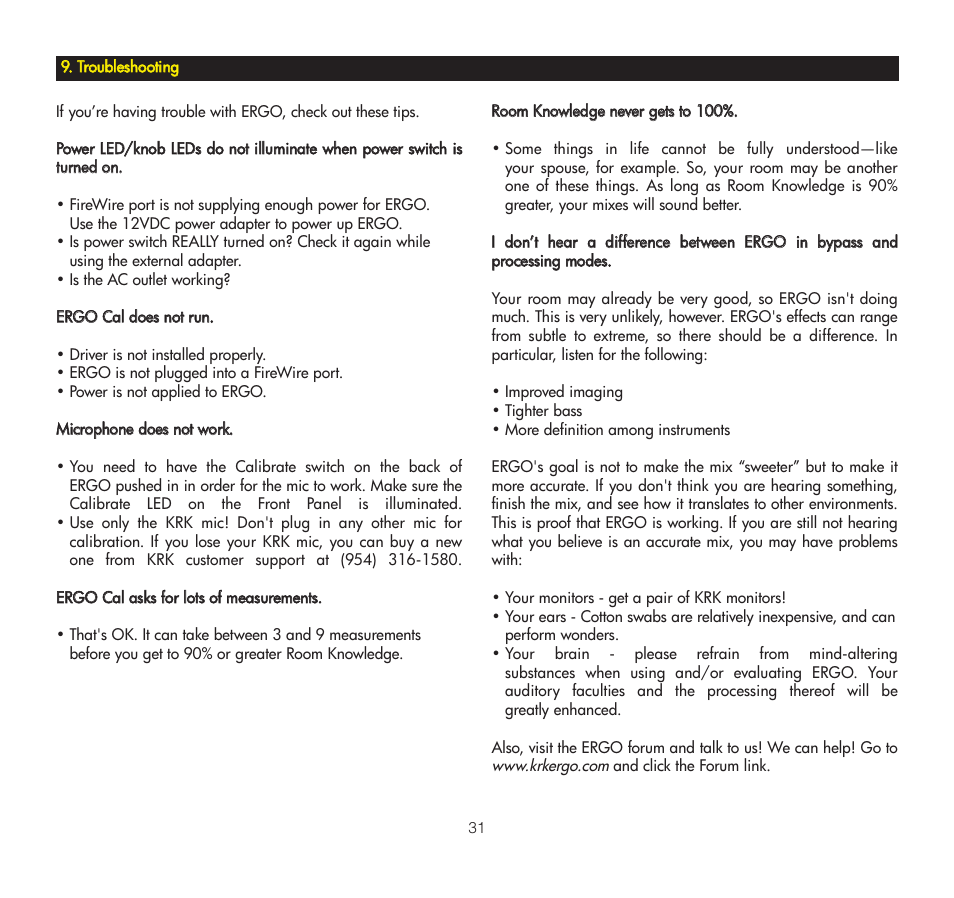 Troubleshooting, Ttrroouubblleesshhoooottiinngg | KRK ERGO User Manual | Page 31 / 37