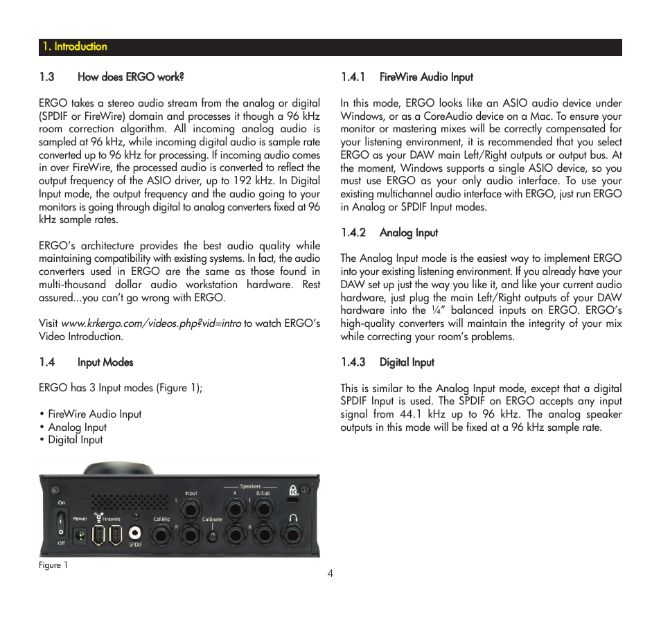 3 how does ergo work, 4 input modes, 1 firewire audio input | 2 analog input, 3 digital input | KRK ERGO User Manual | Page 4 / 37