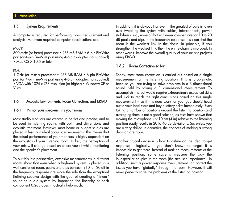 5 system requirements, 1 it's not your speakers, it's your room, 2 room correction so far | 6 acoustic environments, room correction, and ergo, 1 it’s not your speakers, it’s your room | KRK ERGO User Manual | Page 5 / 37