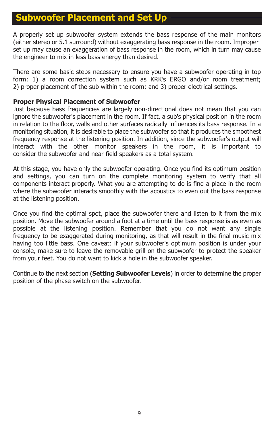Subwoofer placement and set up | KRK 10S User Manual | Page 12 / 22