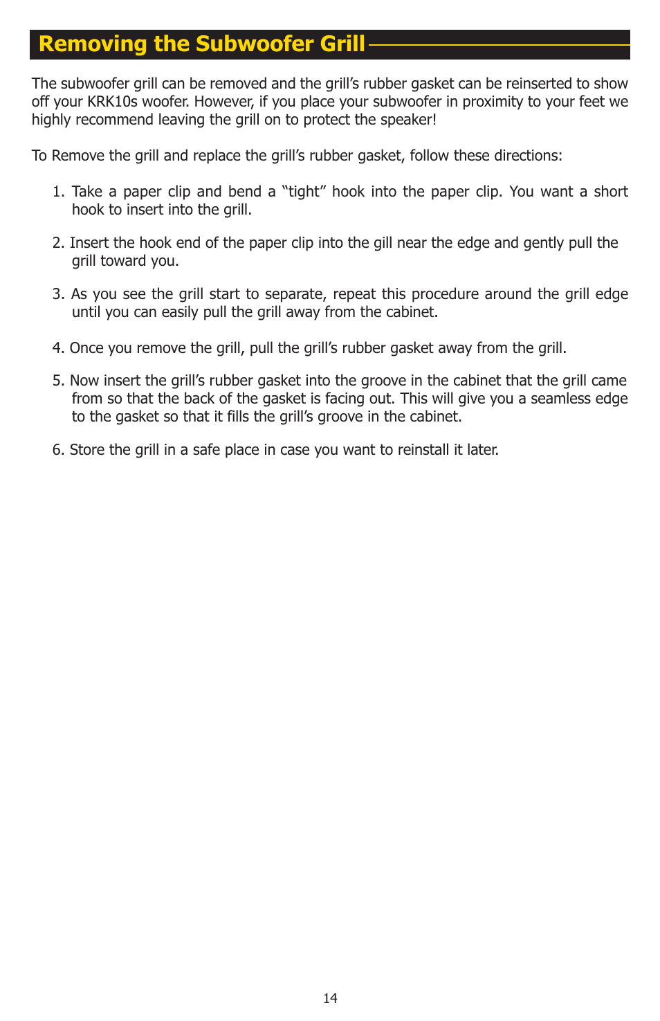Removing the subwoofer grill | KRK 10S User Manual | Page 17 / 22