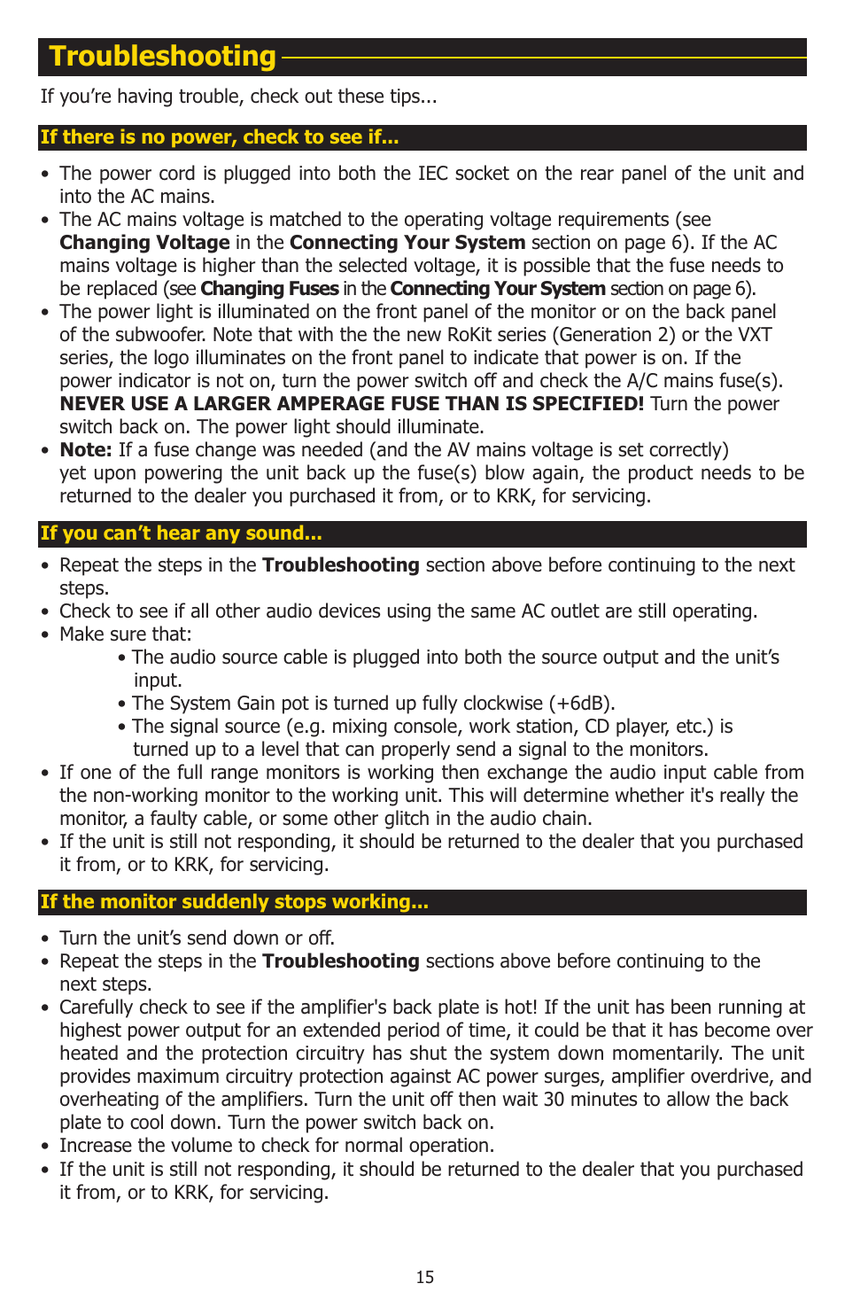 Troubleshooting | KRK 10S User Manual | Page 18 / 22