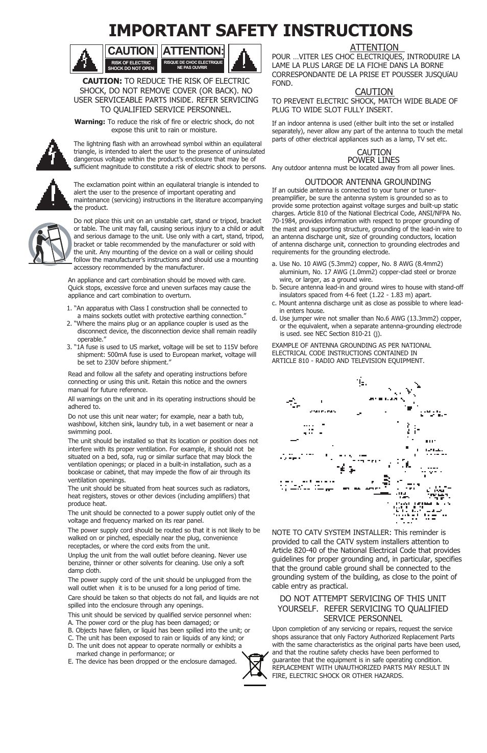 Important safety instructions, Attention, Caution | KRK 10S User Manual | Page 2 / 22