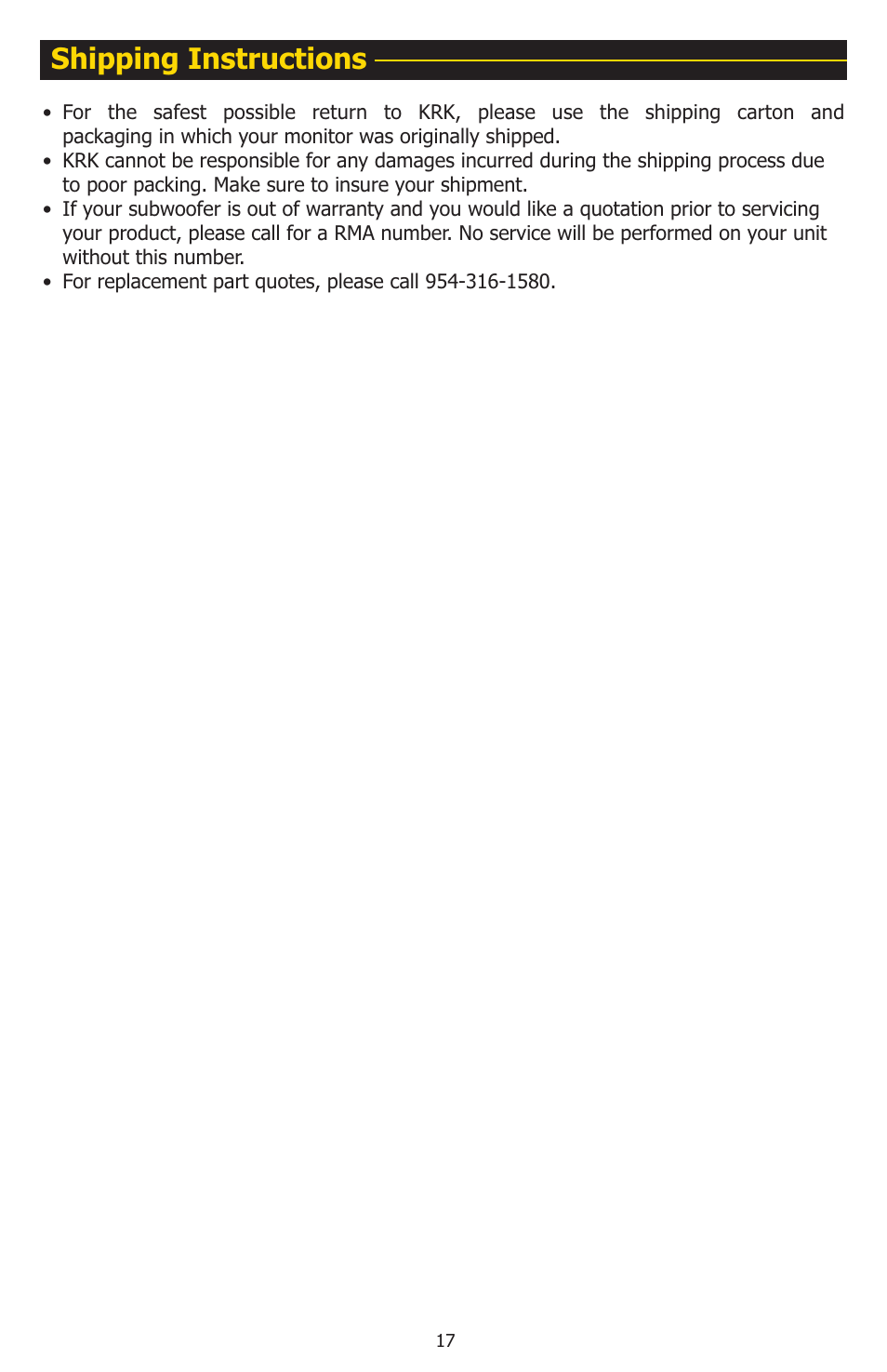 Shipping instructions | KRK 10S User Manual | Page 20 / 22