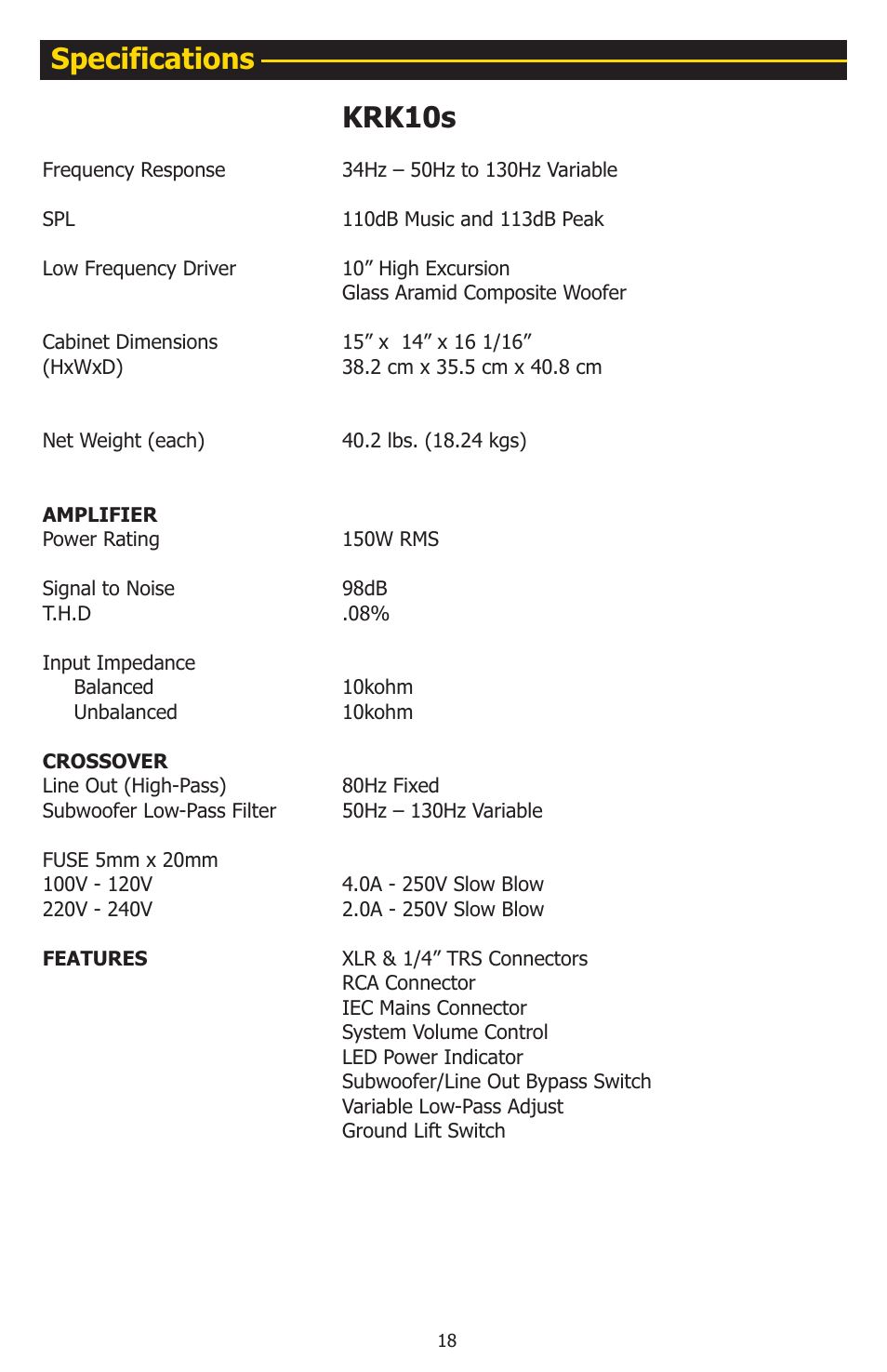 Krk10s, Specifications | KRK 10S User Manual | Page 21 / 22