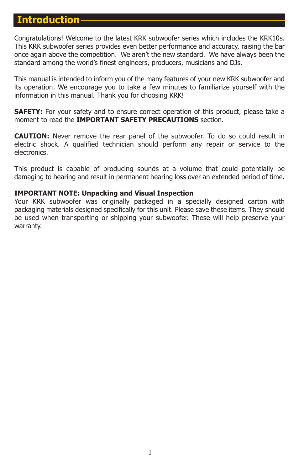 Introduction | KRK 10S User Manual | Page 4 / 22