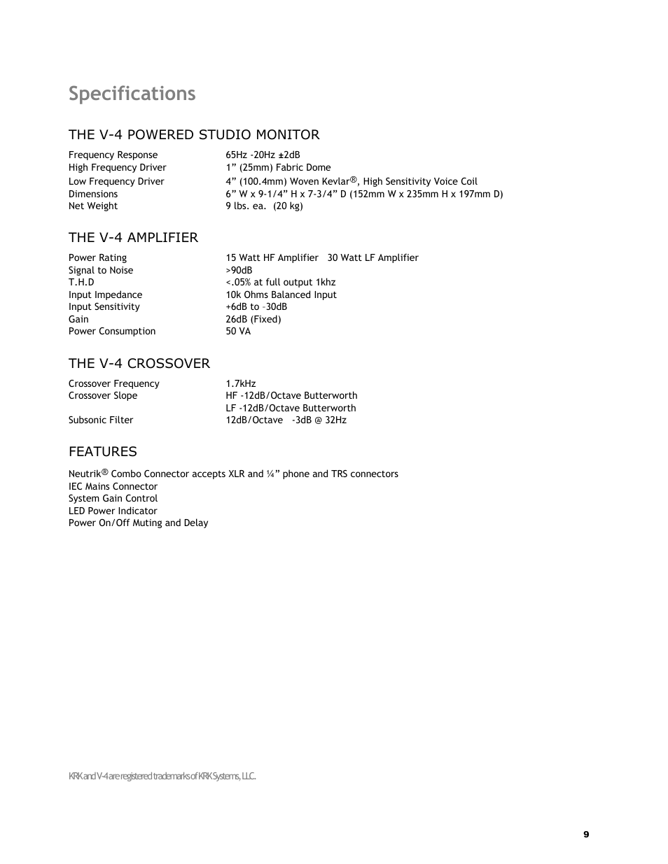 Specifications | KRK V4 User Manual | Page 10 / 14