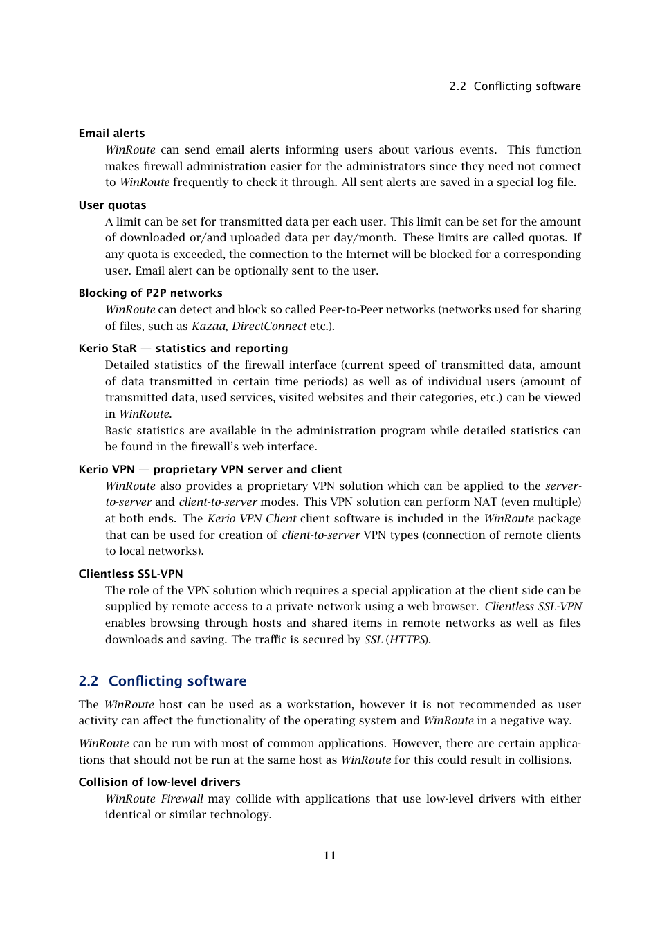 Conflicting software, 2 conflicting software | Kerio Tech Firewall6 User Manual | Page 11 / 404