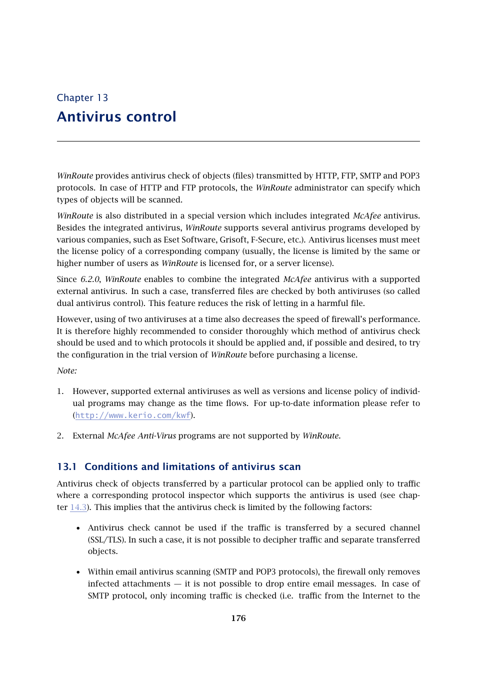 Antivirus control, Conditions and limitations of antivirus scan, Chapter 13 | 1 conditions and limitations of antivirus scan | Kerio Tech Firewall6 User Manual | Page 176 / 404