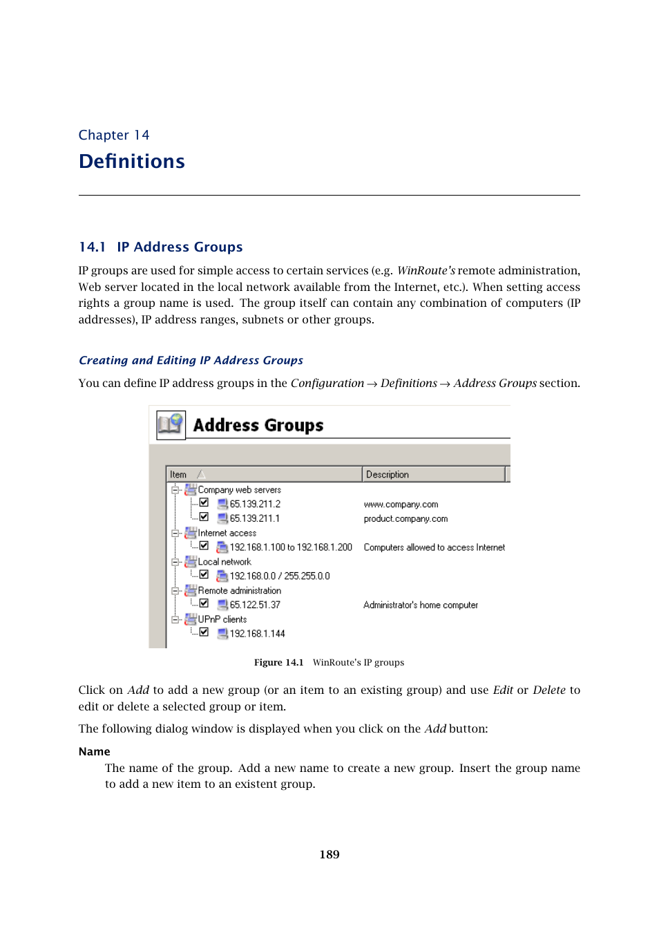 Definitions, Ip address groups | Kerio Tech Firewall6 User Manual | Page 189 / 404