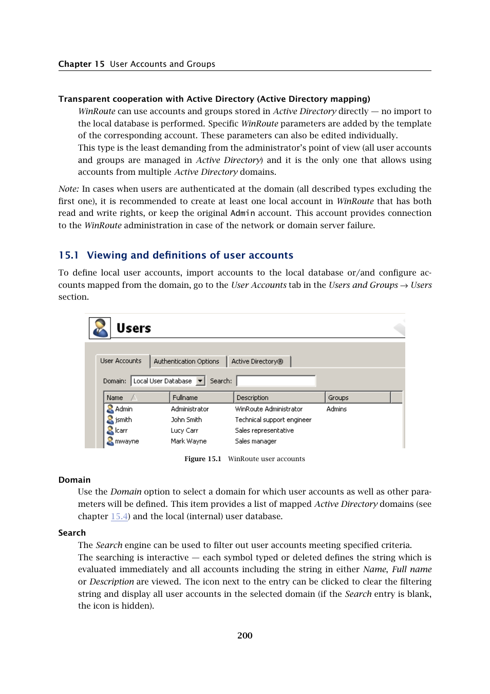 Viewing and definitions of user accounts, 1 viewing and definitions of user accounts | Kerio Tech Firewall6 User Manual | Page 200 / 404