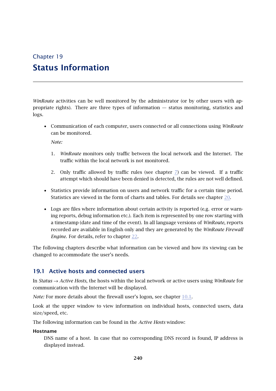 Status information, Active hosts and connected users, Chapter 19 | 1 active hosts and connected users | Kerio Tech Firewall6 User Manual | Page 240 / 404