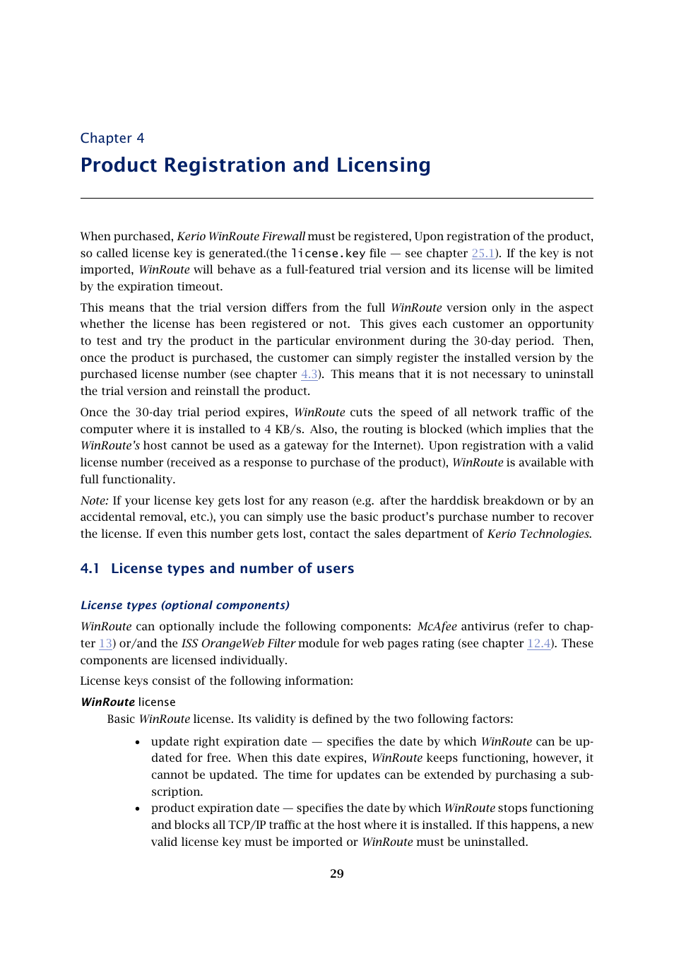 Product registration and licensing, License types and number of users, Chapter 4 | 1 license types and number of users | Kerio Tech Firewall6 User Manual | Page 29 / 404
