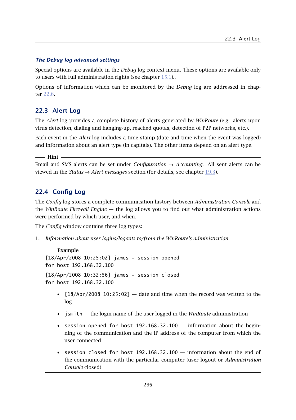 Alert log, Config log, 3 alert log | 4 config log | Kerio Tech Firewall6 User Manual | Page 295 / 404
