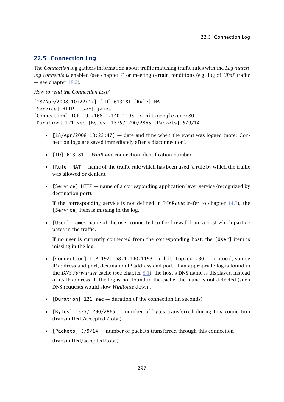 Connection log, 5 connection log | Kerio Tech Firewall6 User Manual | Page 297 / 404