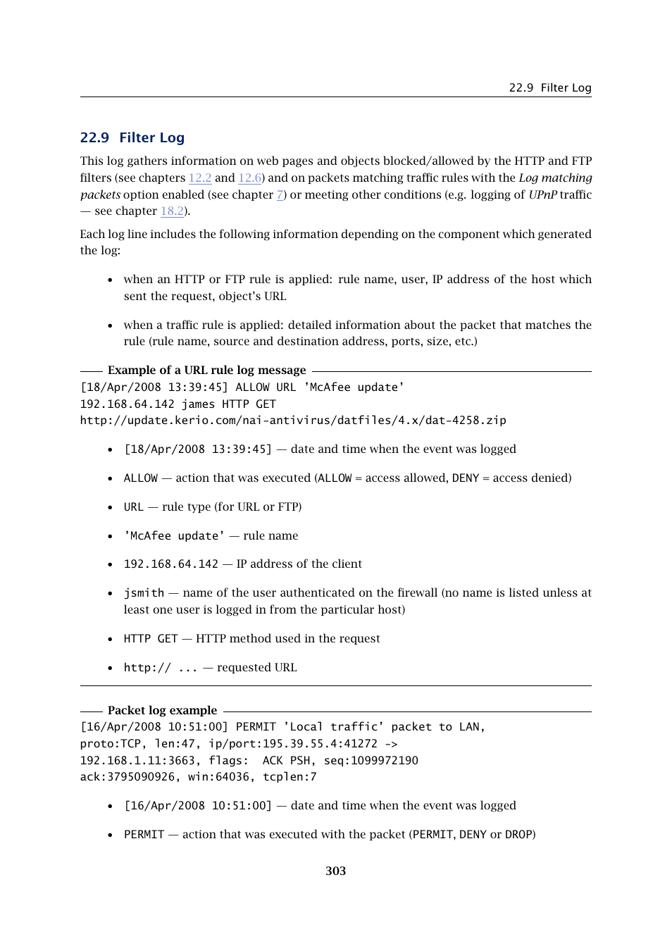 Filter log, 9 filter log | Kerio Tech Firewall6 User Manual | Page 303 / 404