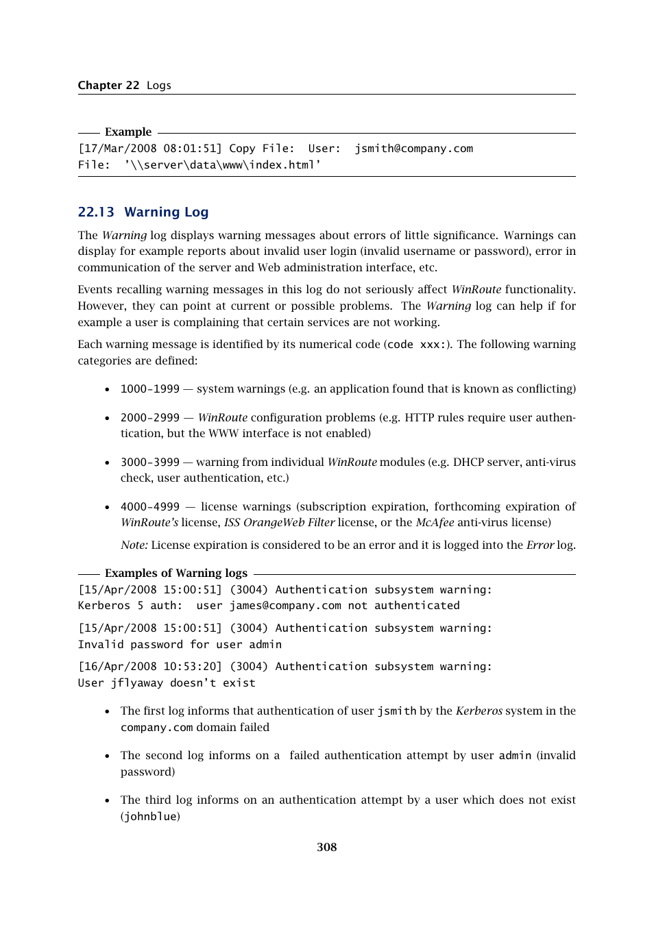 Warning log, 13 warning log | Kerio Tech Firewall6 User Manual | Page 308 / 404