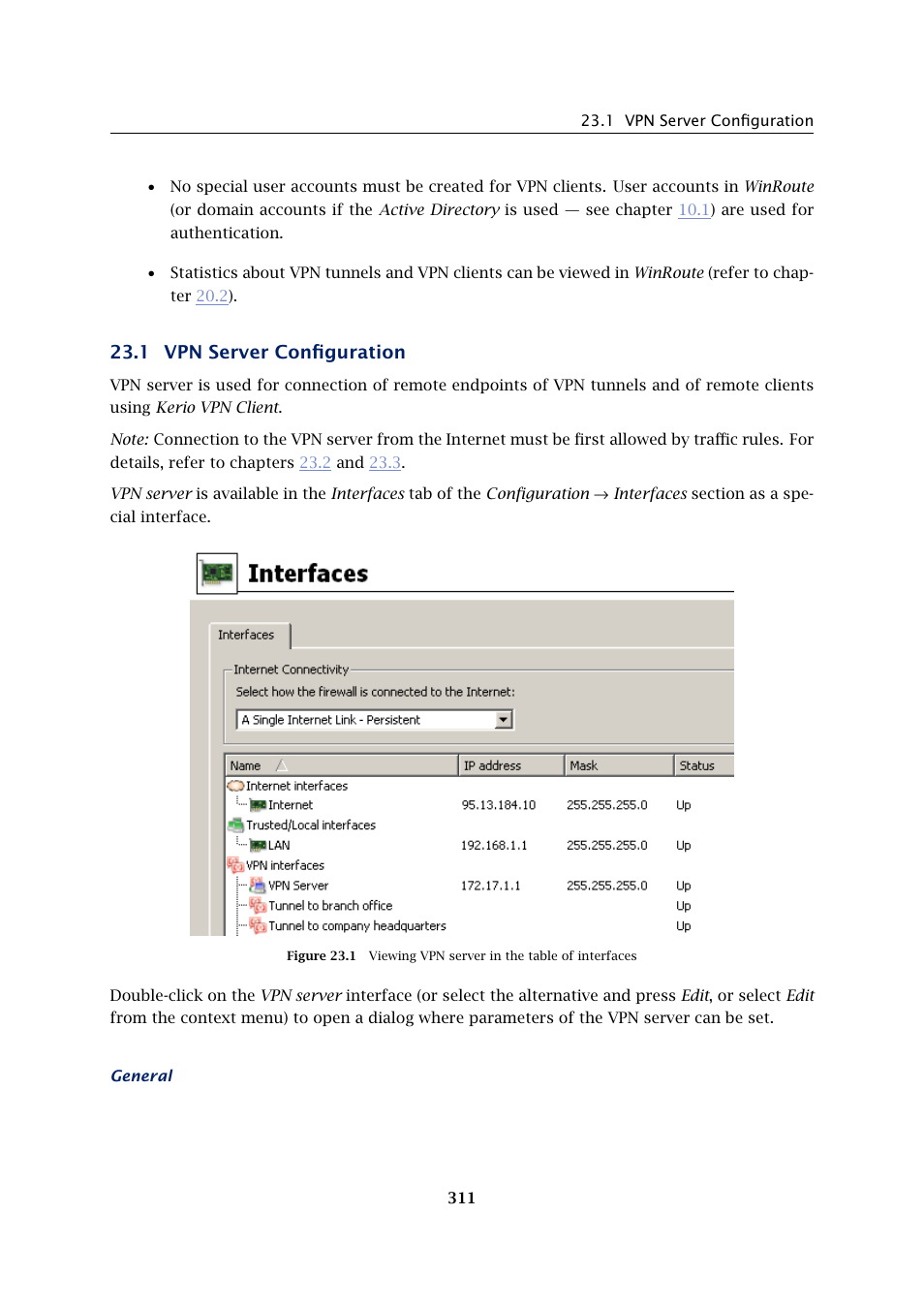 Vpn server configuration, 1 vpn server configuration | Kerio Tech Firewall6 User Manual | Page 311 / 404