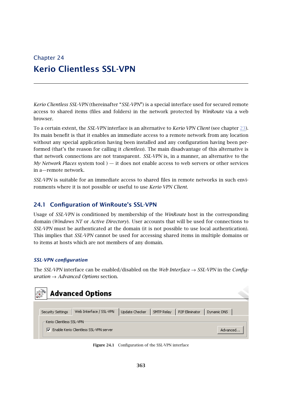 Kerio clientless ssl-vpn, Configuration of winroute's ssl-vpn, Configuration of winroute’s ssl-vpn | Chapter 24, 1 configuration of winroute’s ssl-vpn | Kerio Tech Firewall6 User Manual | Page 363 / 404