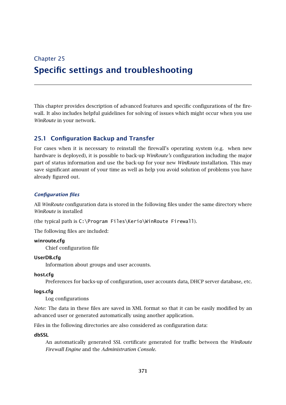 Specific settings and troubleshooting, Configuration backup and transfer | Kerio Tech Firewall6 User Manual | Page 371 / 404
