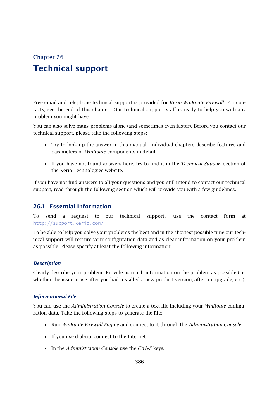 Technical support, Essential information, Chapter 26 | 1 essential information | Kerio Tech Firewall6 User Manual | Page 386 / 404